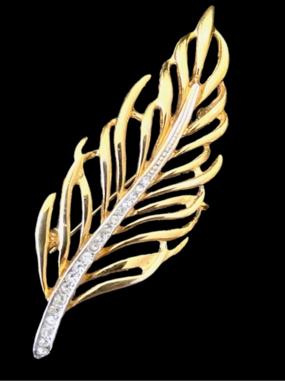 Vintage Gold Tone Rhinestone Feather Pin Brooch from 1980’s